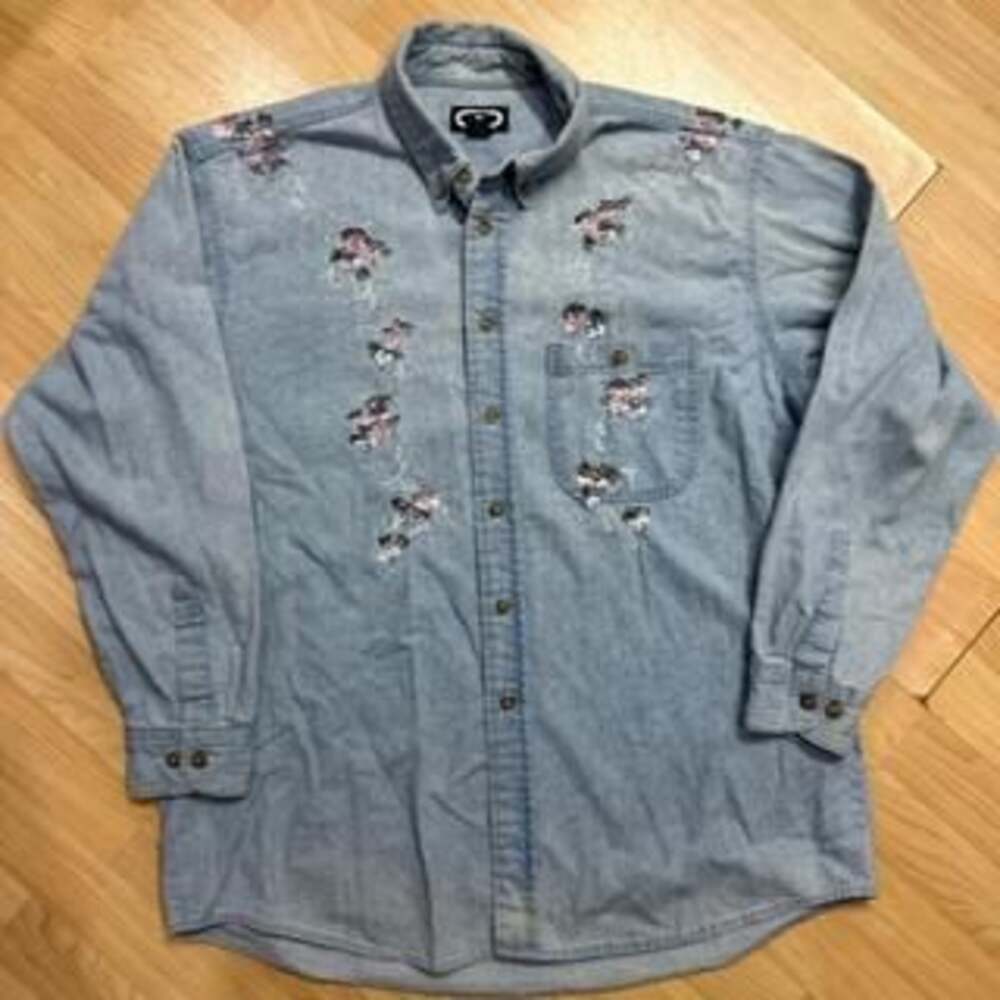 Three Rivers Hand Painted Floral Denim Button-Up Shirt